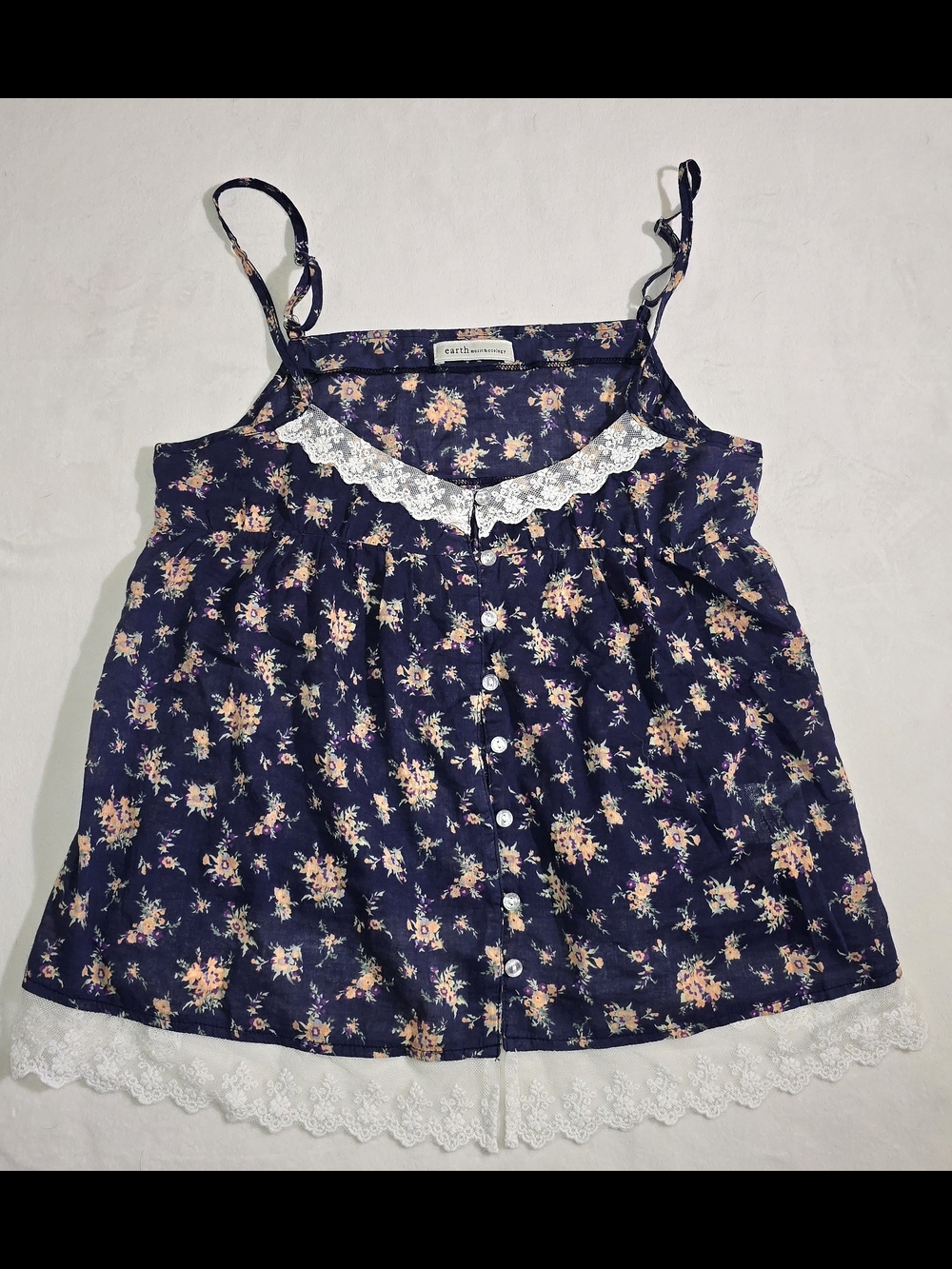 Earth Music & Ecology Floral Lace Trim Cami Top Navy Blue Boho Size Small Japan